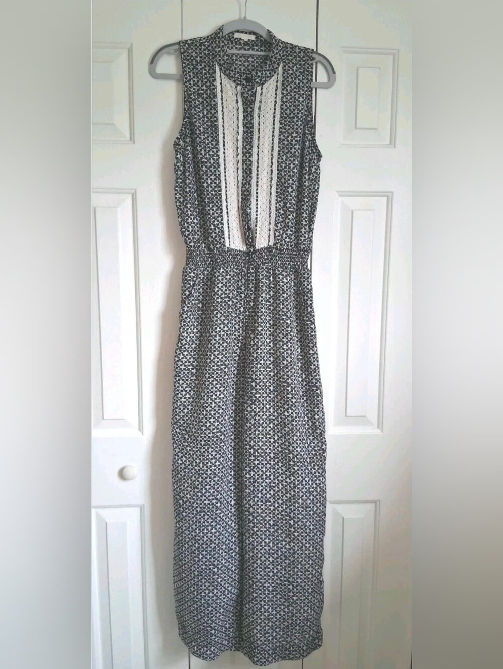 Women’s Black & White Printed Sleeveless Dress with Lace Trim
